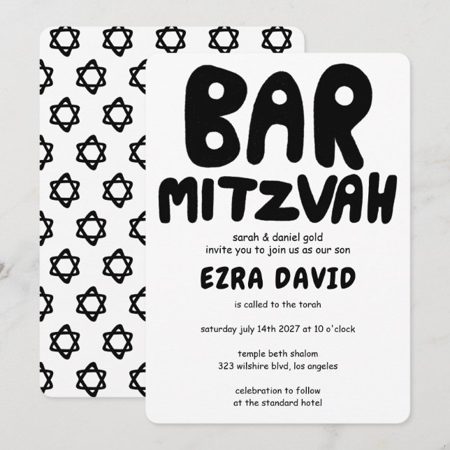 Groovy Handlettering Custom BAR Mitzvah Bold Stars Invitation (Front/Back)