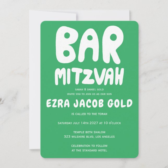 Groovy Handlettering Custom Bar Mitzvah Green  Invitation (Front)