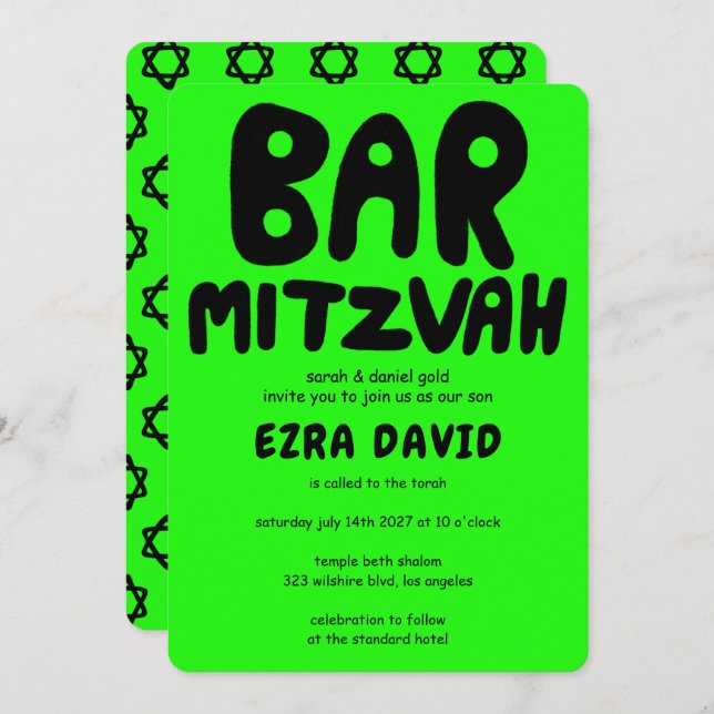 Groovy Handlettering Custom BAR Mitzvah Neon Stars Invitation (Front/Back)