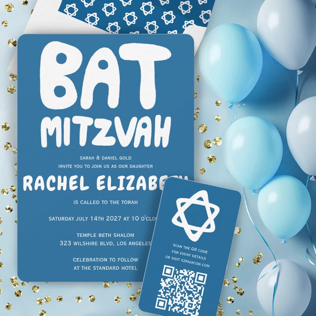 Groovy Handlettering Custom Bat Mitzvah Blue Stars Invitation (Groovy Handlettering Custom Bat Mitzvah Blue Stars Invitation
)
