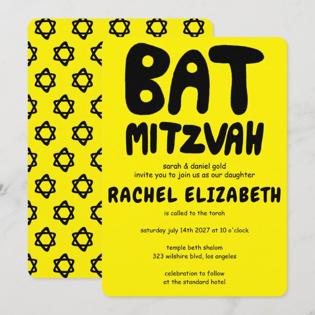 Groovy Handlettering Custom Bat Mitzvah Bold Stars Invitation (Front/Back)