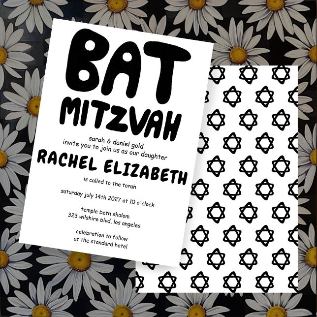 Groovy Handlettering Custom Bat Mitzvah Bold Stars Invitation (Groovy Handlettering Custom Bat Mitzvah Bold Black and White Stars Invitation
)