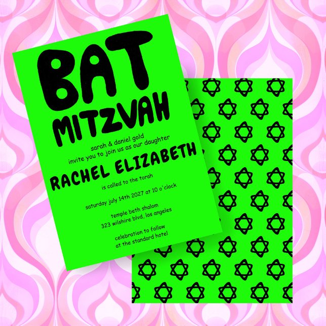 Groovy Handlettering Custom Bat Mitzvah Neon Stars Invitation (Groovy Handlettering Custom Bat Mitzvah Neon Green Brat Stars Invitation
)