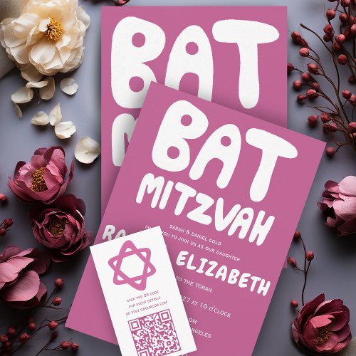 Groovy Handlettering Custom Bat Mitzvah Pink  Invitation