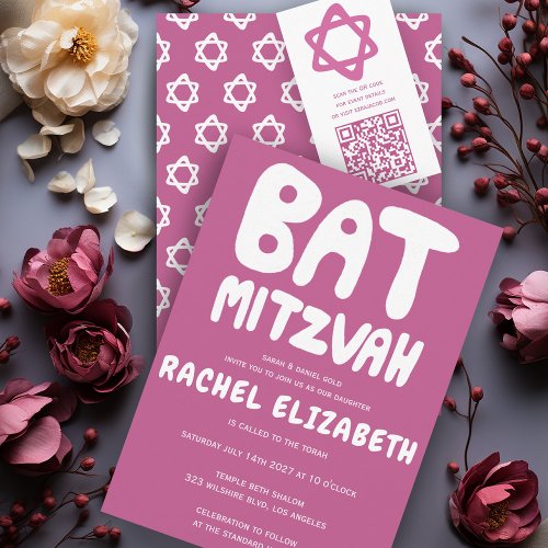 Groovy Handlettering Custom Bat Mitzvah Pink Stars Invitation