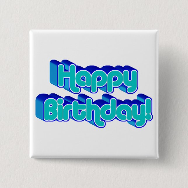 Groovy Happy Birthday Retro Blue Text Image Button (Front)