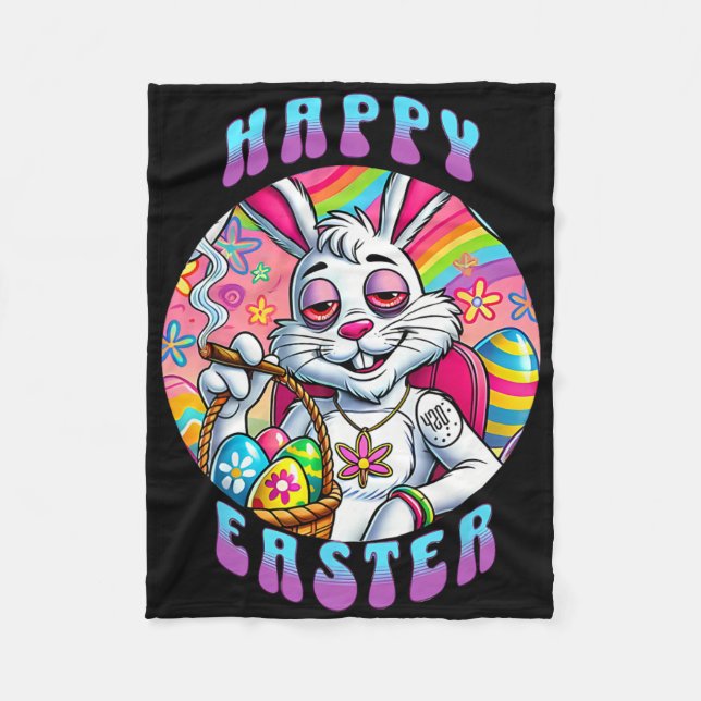 Groovy Happy Easter Bunny Smoking Weed Funny  Fleece Blanket (Front)