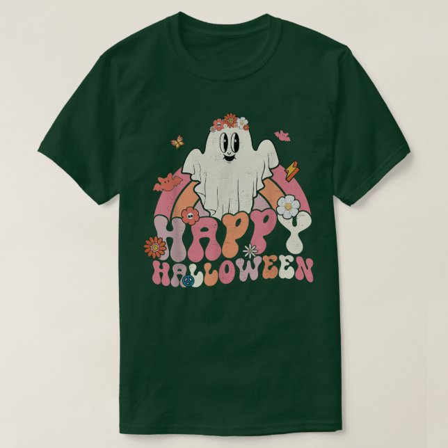 Groovy Happy Halloween Rainbow Cute Ghost Boo Spoo T-Shirt (Design Front)