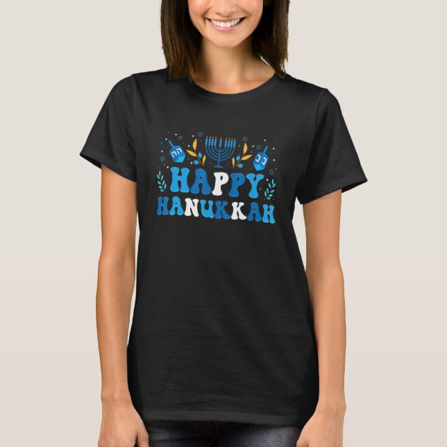 Groovy Happy Hanukkah Jewish Dreidel Challah Matzo T-Shirt (Front)