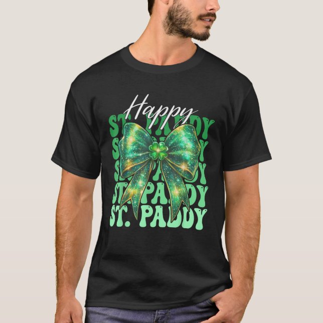 Groovy Happy Shamrock St Paddy Coquette Bow St Pat T-Shirt (Front)