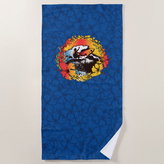 Groovy Hawaiian Surfer 1960s Retro Hibiscus -Navy Beach Towel (Front)