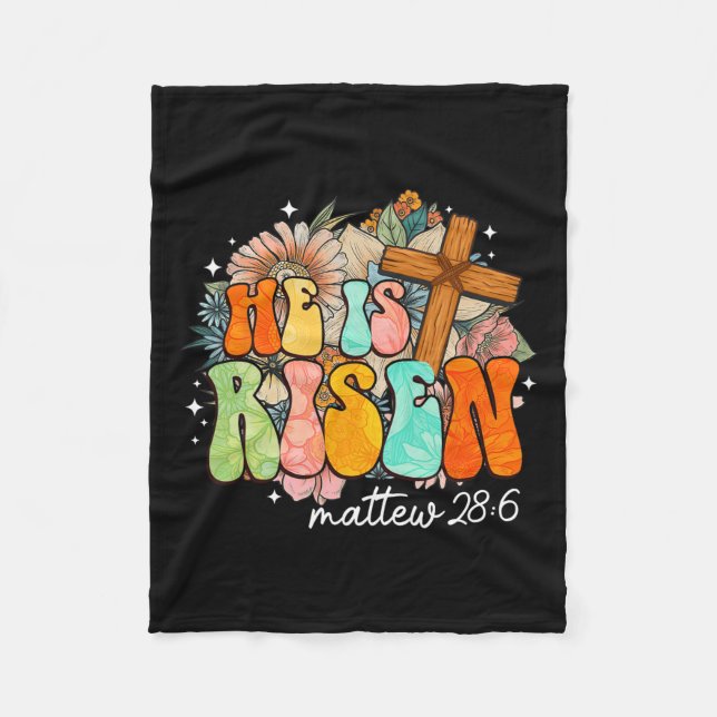Groovy He Is Risen Cross Jesus Religious Easter Ch Fleece Blanket (Front)