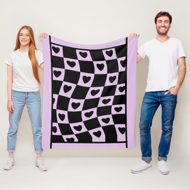 Groovy Heart Shape Checkerboard, Y2K 90s Fleece Blanket (In Situ)