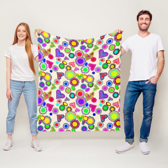 Groovy Hearts Colorful Flowers Fleece Blanket (In Situ)