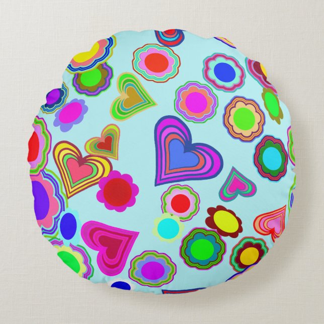 Groovy Hearts Flowers Round Pillow (Front)