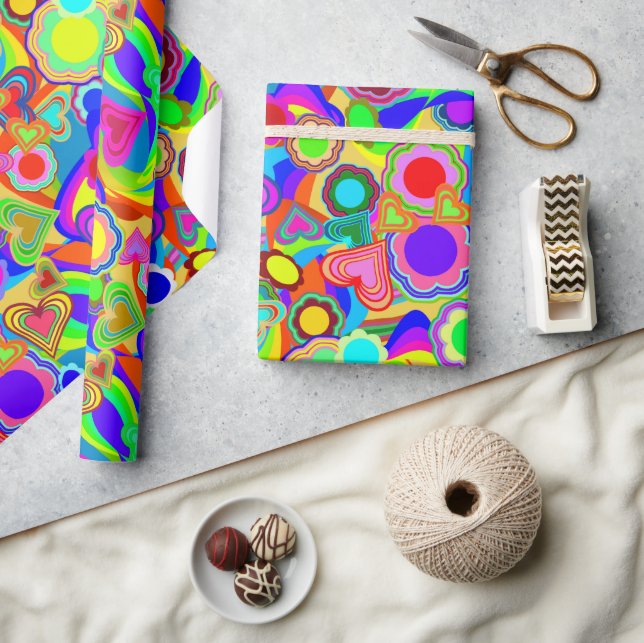 Groovy Hearts Flowers Wrapping Paper (Crafts)