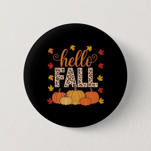 Groovy Hello Fall Autumn Maple Leaves Pumpkin Leop Button (Front)