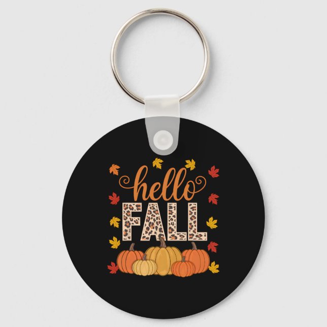 Groovy Hello Fall Autumn Maple Leaves Pumpkin Leop Keychain (Front)