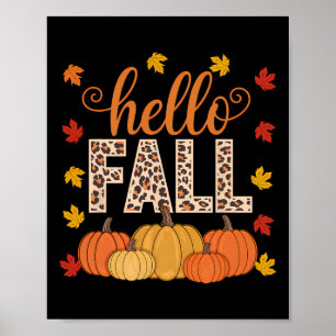 Groovy Hello Fall Autumn Maple Leaves Pumpkin Leop Poster