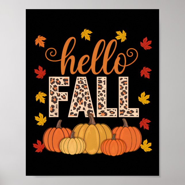 Groovy Hello Fall Autumn Maple Leaves Pumpkin Leop Poster (Front)