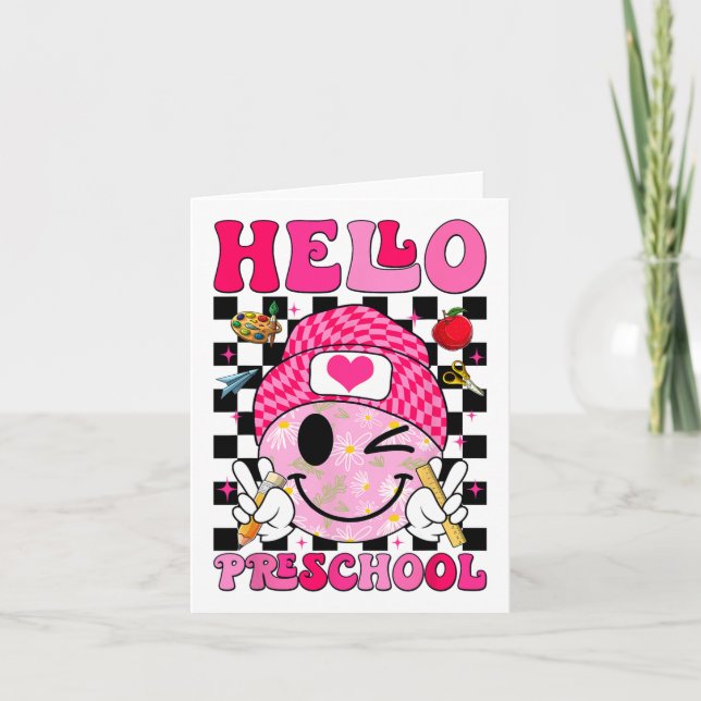 Groovy Hello Preschool Pre-k Students First Day Of Card (Front)