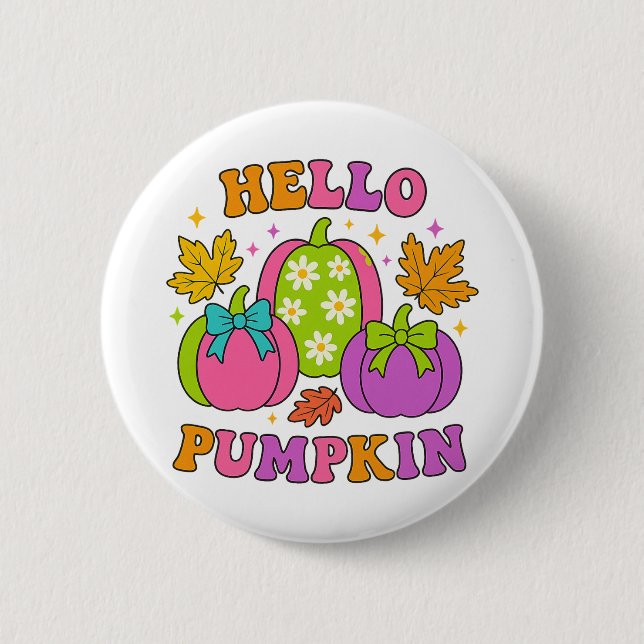 Groovy Hello Pumpkin Retro Fall Autumn Halloween Button (Front)