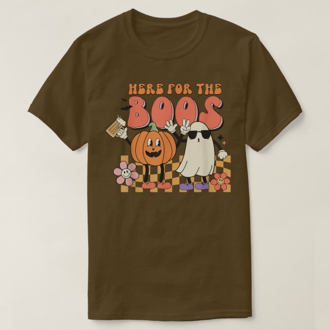 Groovy Here For The Boos Pumpkin Ghost Retro Face  T-Shirt (Design Front)
