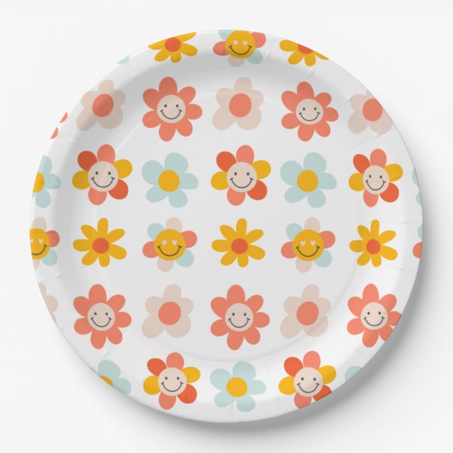 Groovy hippe retro modern fun flower faces paper plates (Front)