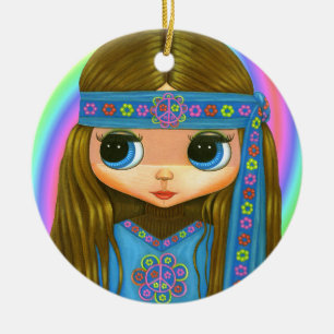 Groovy Hippie Chick in blue Peace Sign Cute Ceramic Ornament