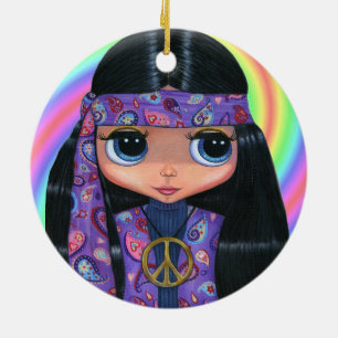 Groovy Hippie Chick in Purple Paisley Peace Sign Ceramic Ornament