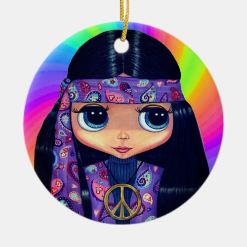 Groovy Hippie Chick in Purple Peace Sign Headband Ceramic Ornament