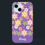 Groovy Hippie Daisy Pattern w/ Name Purple iPhone 15 Case<br><div class="desc">This phone case features a cute retro groovy daisy pattern on a purple background. Custom next allows you to personalize with your name.</div>