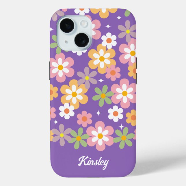 Groovy Hippie Daisy Pattern w/ Name Purple Case-Mate iPhone Case (Back)