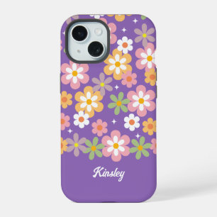 Groovy Hippie Daisy Pattern w/ Name Purple iPhone 15 Case