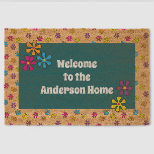 Groovy Hippie Flower Custom Name Fiber Doormat