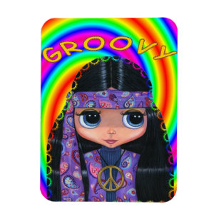 Groovy Hippie Girl Doll Peace Sign Cute Big Eyes Magnet