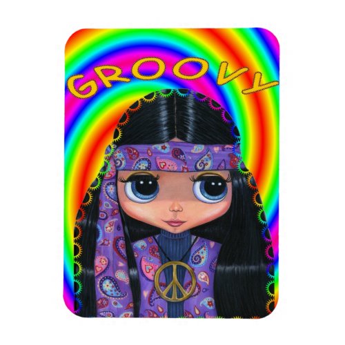 Groovy Hippie Girl Doll Peace Sign Cute Big Eyes Magnet