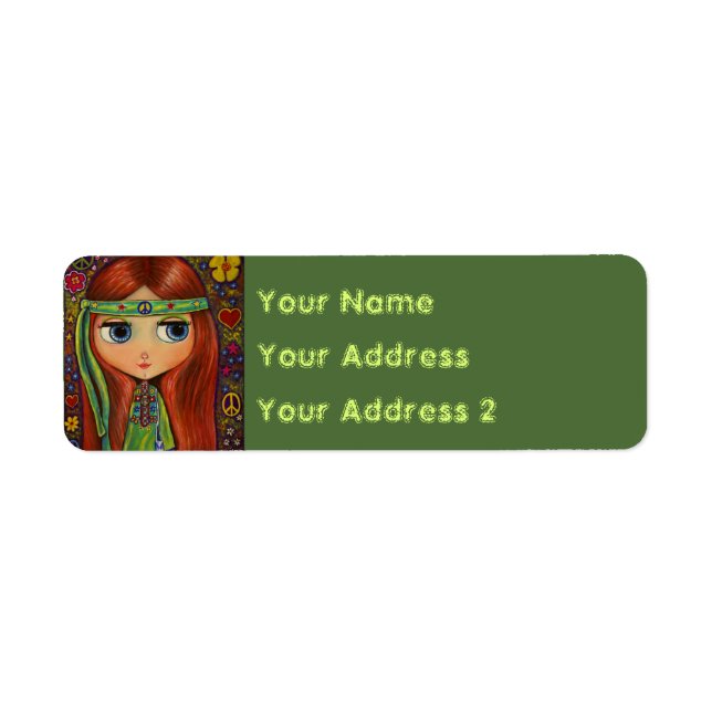 Groovy Hippie Girl in Green Peace Sign Cute Label (Front)