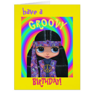 Groovy Hippie Girl with Peace Sign in Purple Cute Cards