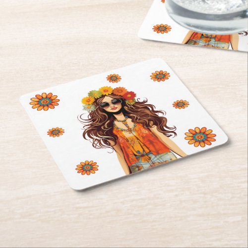 Groovy Hippie Hippy 1970s Themed Birthday Party Square Paper Coaster