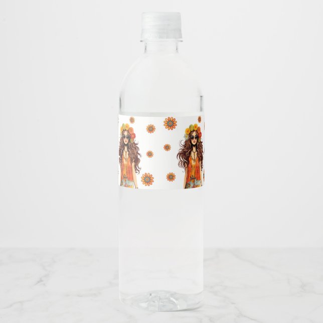 Groovy Hippie Hippy 1970s Themed Birthday Party Water Bottle Label (Front)