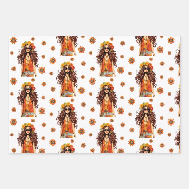 Groovy Hippie Hippy 1970s Themed Birthday Party Wrapping Paper Sheets (Front)