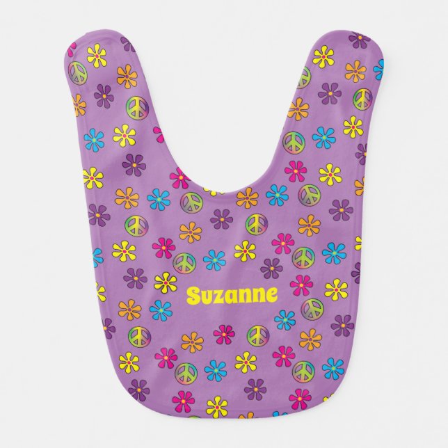 Groovy Hippie Peace and Flower Shower Baby Bib (Front)
