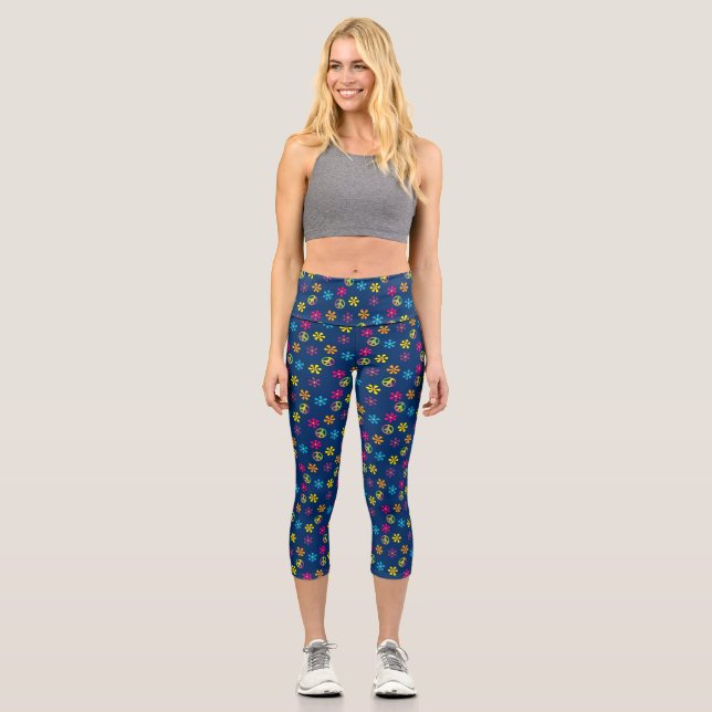 Groovy Hippie Peace and Flower Shower Capri Leggings (Front)