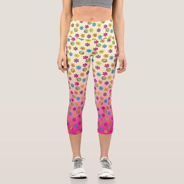 Groovy Hippie Peace and Flower Shower pink fade Capri Leggings (Front)