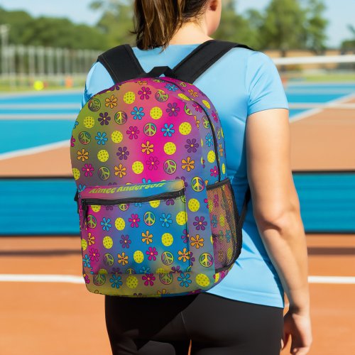 Groovy Hippie Peace Love and Pickleball Printed Backpack