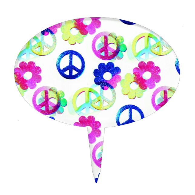 Groovy Hippie Peace Signs Flower Power Aqua Cake Topper (Front)