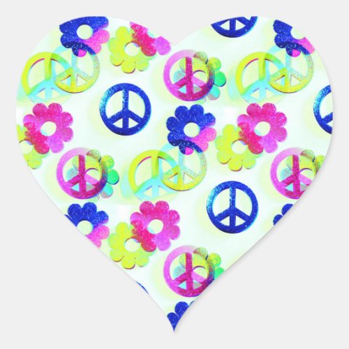 Groovy Hippie Peace Signs Flower Power Aqua Heart Sticker