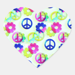 Groovy Hippie Peace Signs Flower Power Aqua Heart Sticker