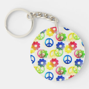 Groovy Hippie Peace Signs Flower Power Sparkle Keychain